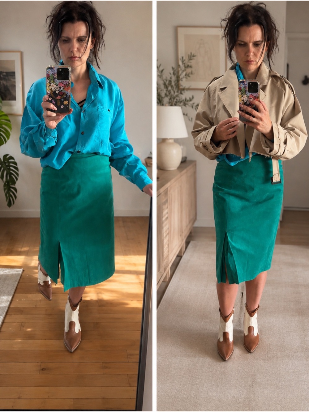 Emerald Green Midi Skirt - Tailored Front-Slit Pencil Skirt